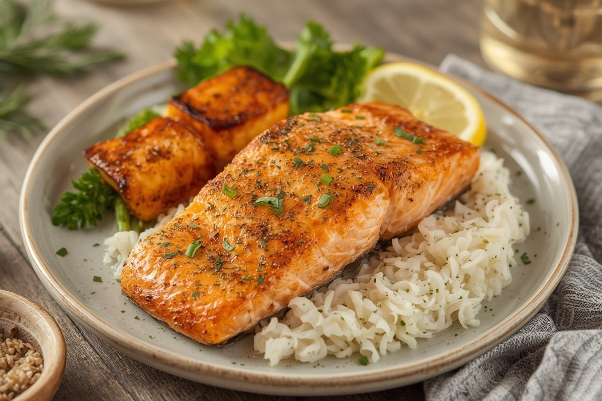 Perfectly crispy air fryer salmon with herbs and lemon slices