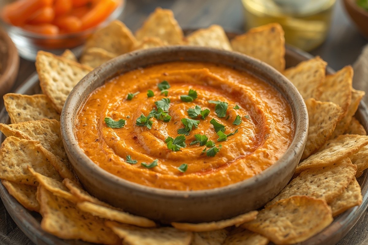 Creamy Buffalo Chicken Dip in cast iron skillet with celery sticks