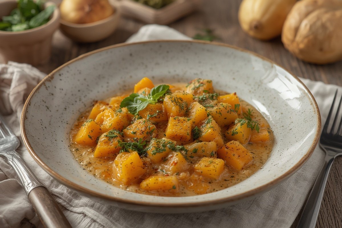 Creamy butternut squash risotto in a white bowl with fresh sage garnish