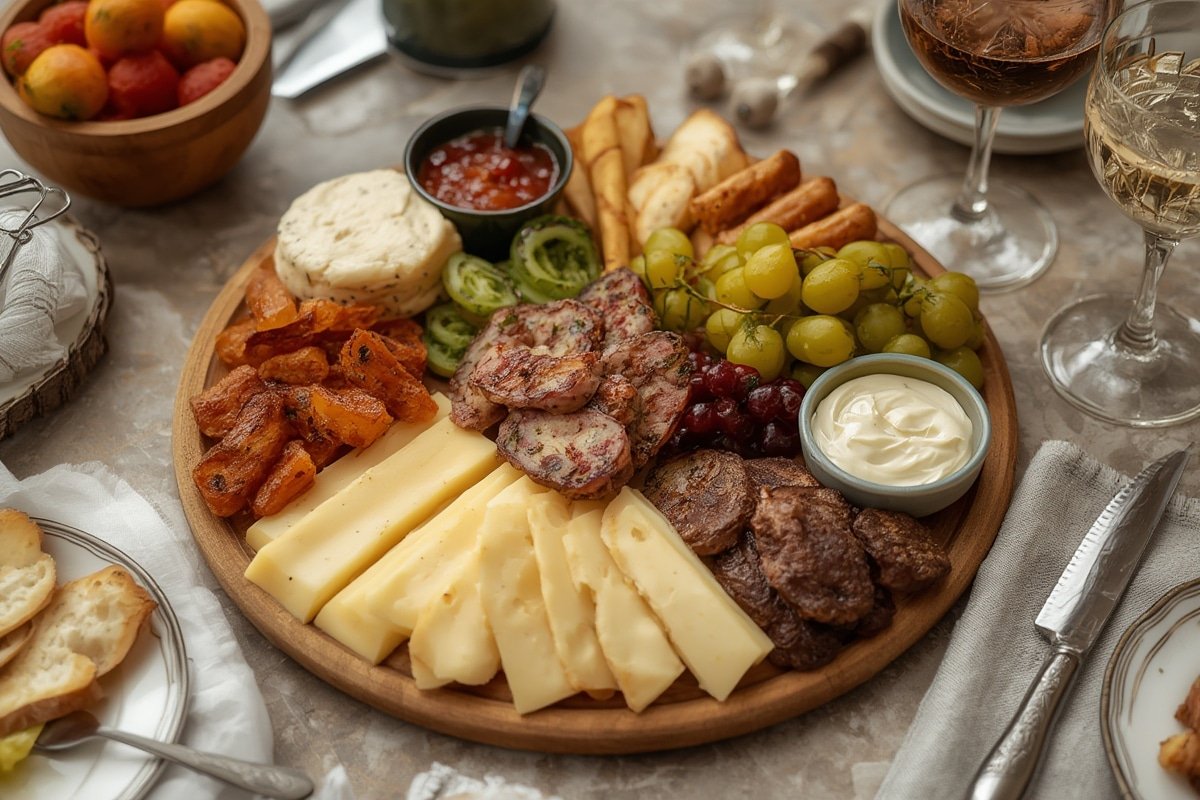 Beautifully arranged cheese board with assorted cheeses and accompaniments