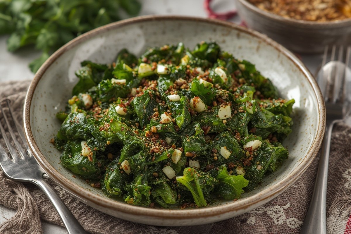 Tender collard greens simmering in a seasoned broth