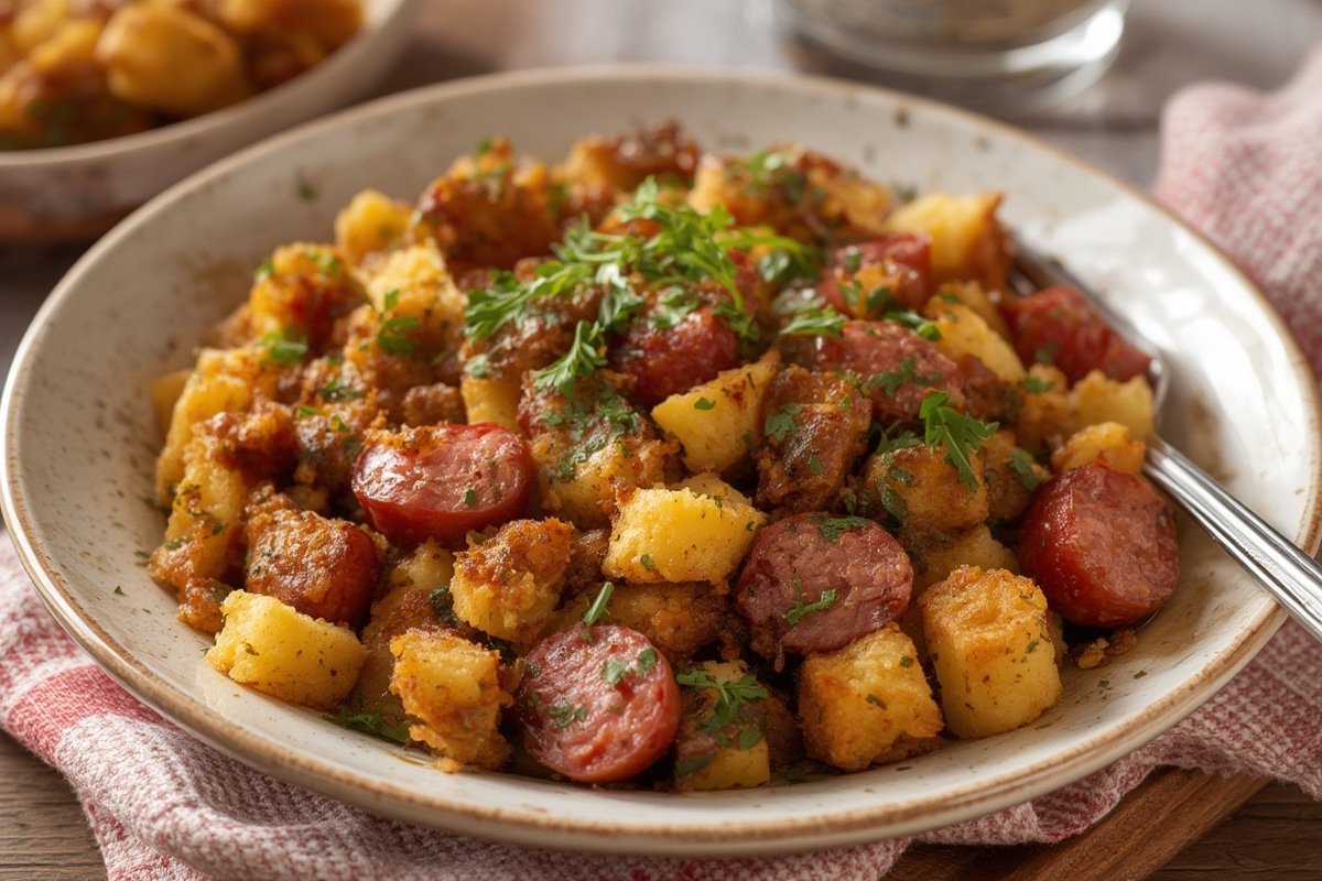 Golden-brown cornbread sausage stuffing in a cast-iron skillet