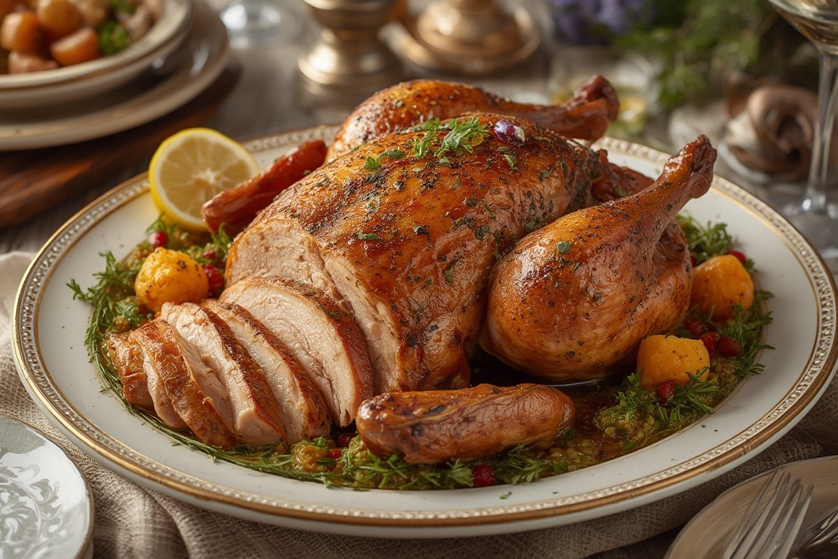 Golden-brown dry brined turkey resting on a platter surrounded by herbs