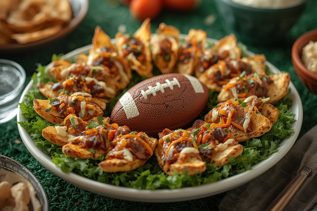 Loaded potato skins and nachos arranged on a gameday platter