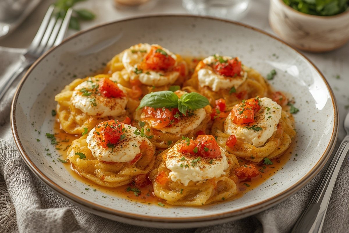 Golden-brown crostini topped with creamy goat cheese, honey drizzle, and fresh herbs arranged on a rustic wooden board