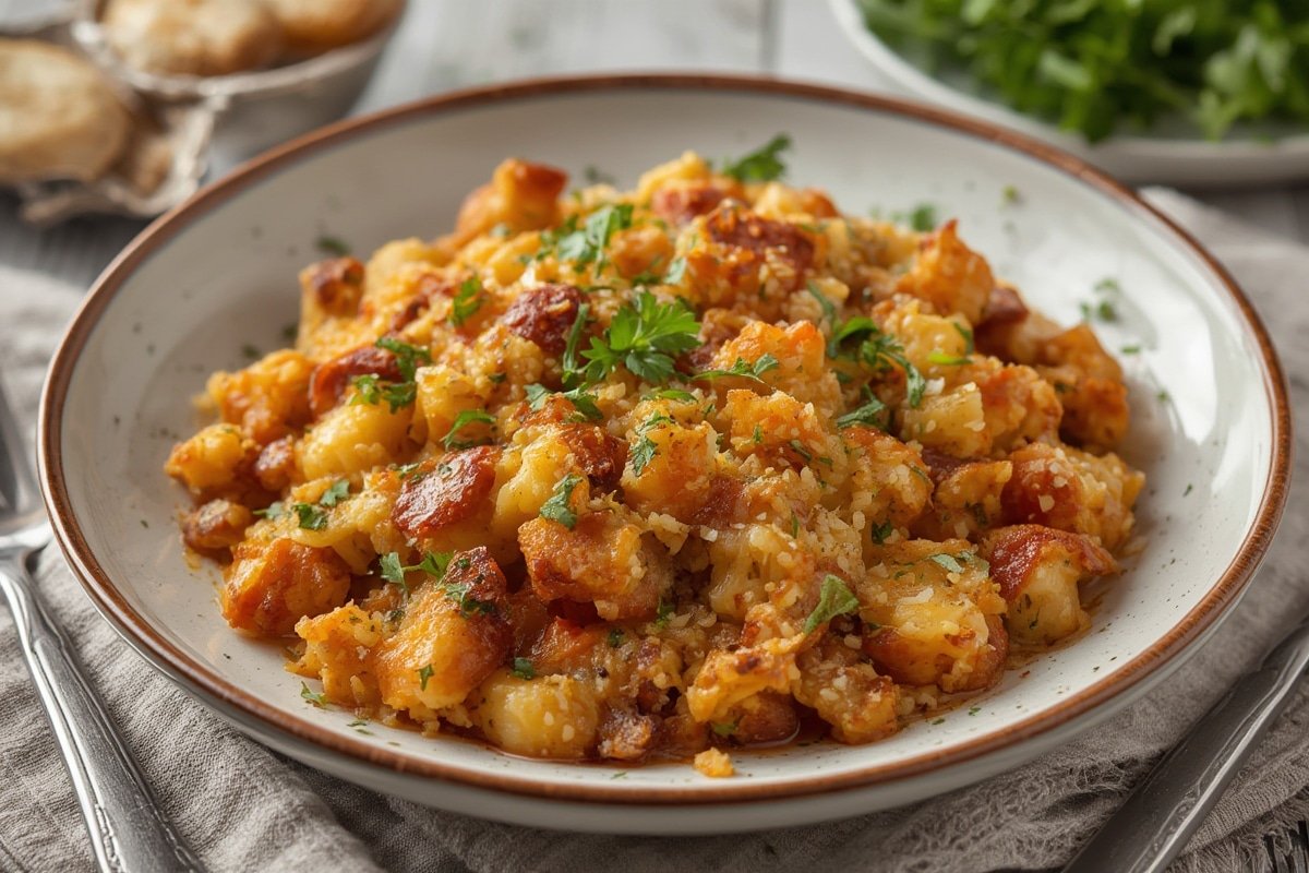 Bubbling golden hash brown casserole fresh from the oven