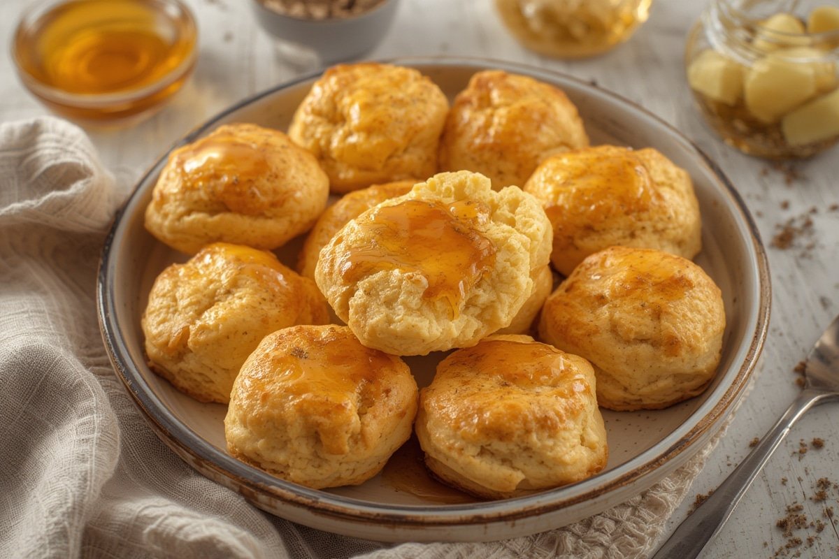 Golden honey butter biscuits piled high on a rustic wooden board