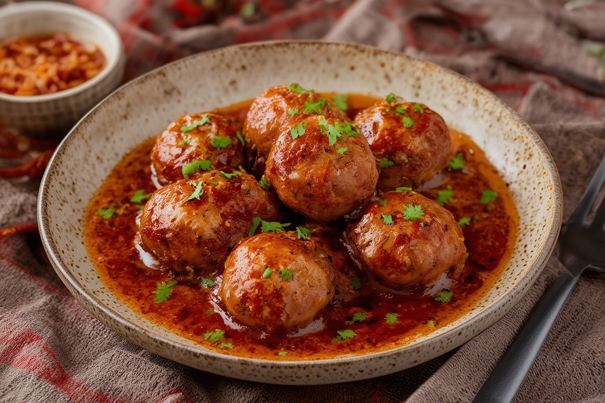 Juicy honey garlic meatballs glazed in sauce, garnished with sesame seeds and green onions