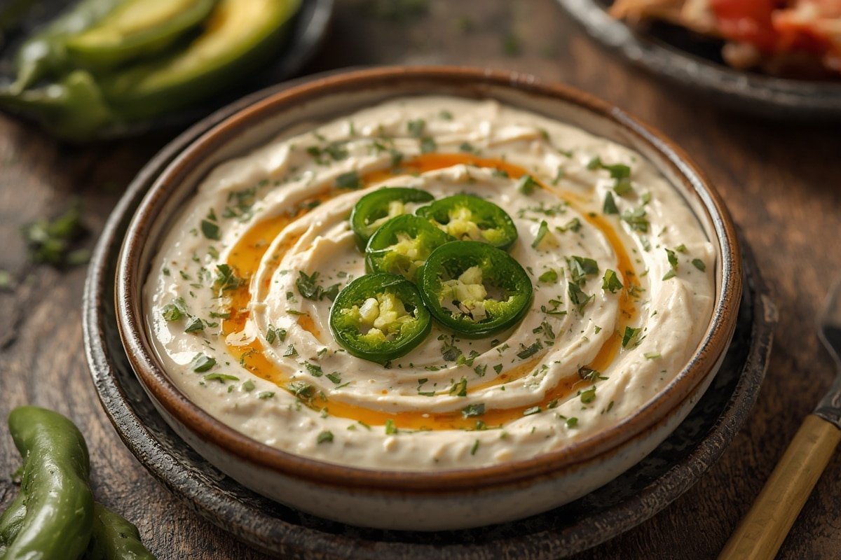 Creamy golden jalapeño popper dip in a baking dish topped with melted cheese and crispy breadcrumbs, surrounded by tortilla chips