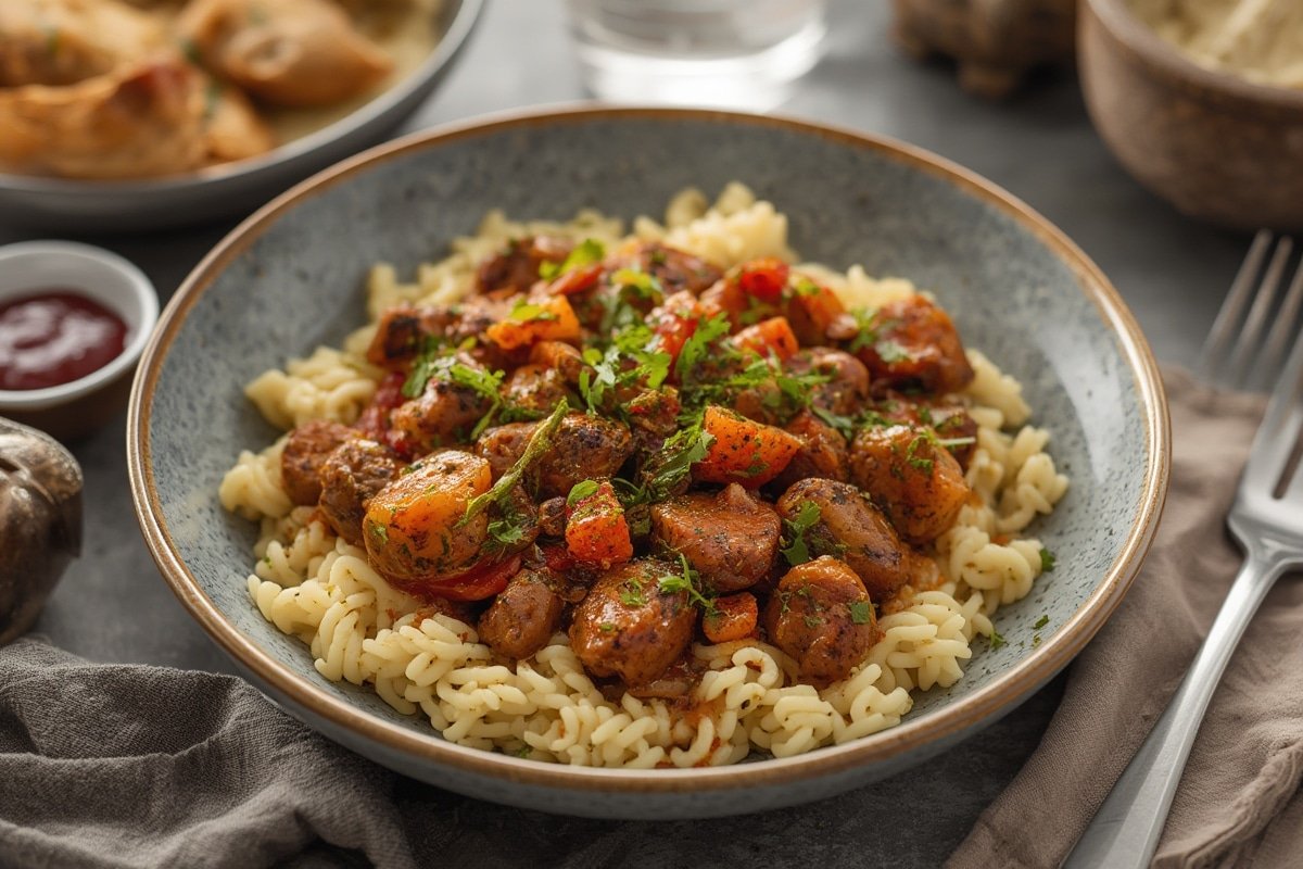 Rich brown gravy in a porcelain gravy boat surrounded by rosemary sprigs