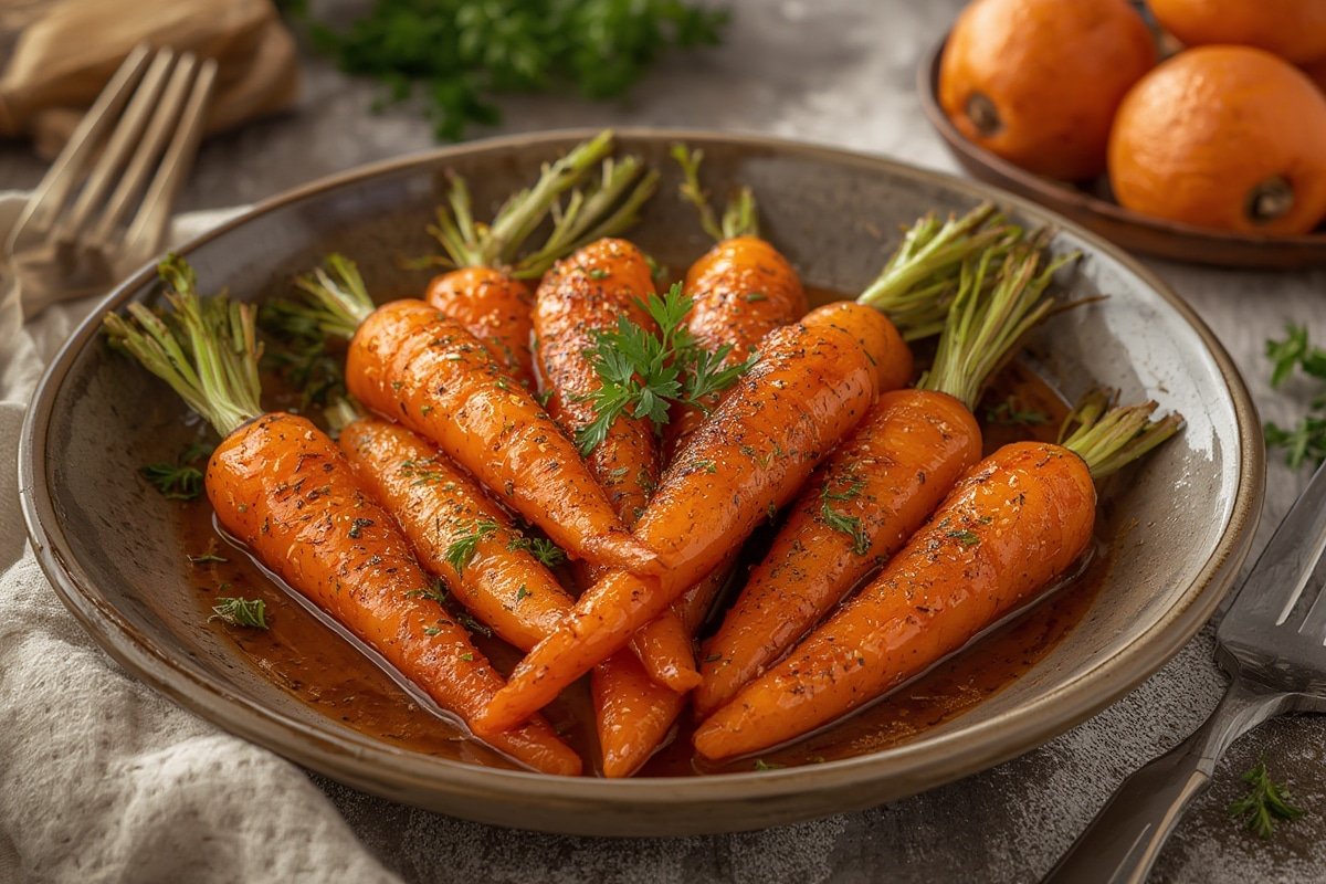 Maple glazed carrots in a white serving dish with fresh herbs