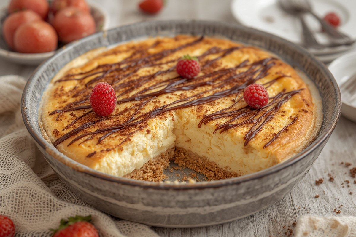 Creamy no-bake cheesecake with berry topping on rustic table