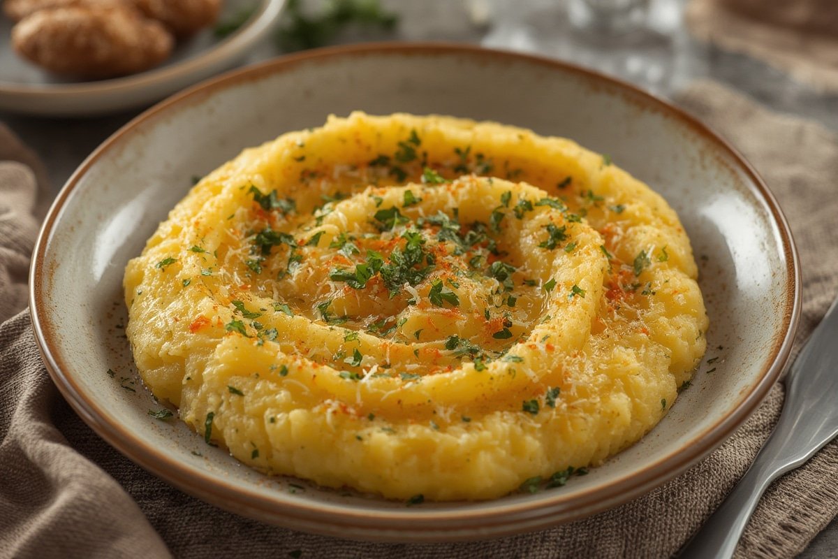 Creamy parmesan mashed potatoes in a white bowl with fresh herbs