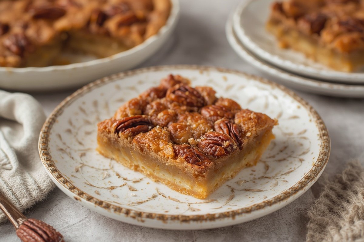 Gooey pecan pie bars with caramelized filling on a shortbread crust