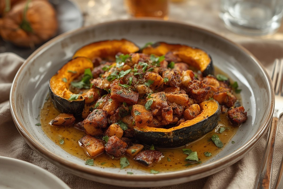 Golden roasted acorn squash halves with herbs