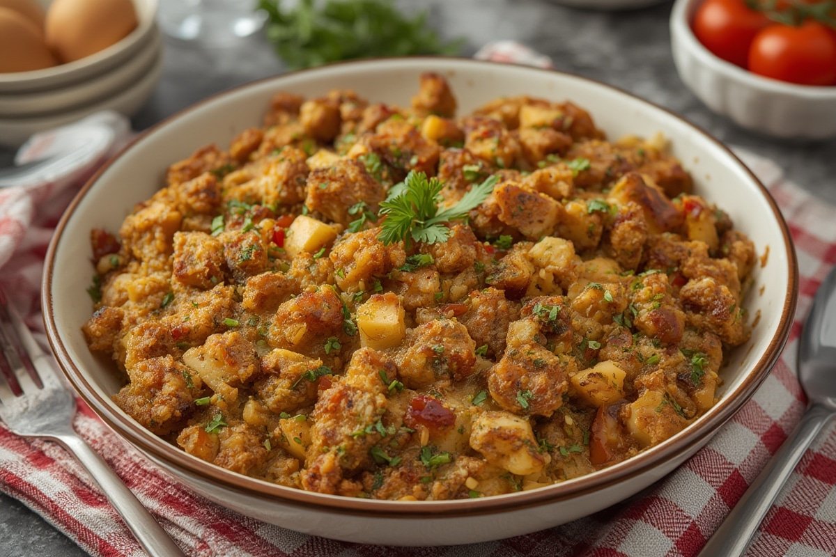 Golden sourdough stuffing in baking dish with herbs