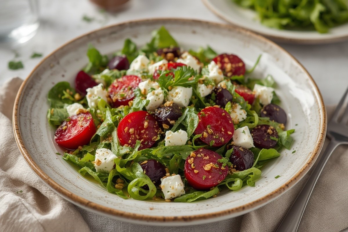 Vibrant beet goat cheese salad with mixed greens and walnuts