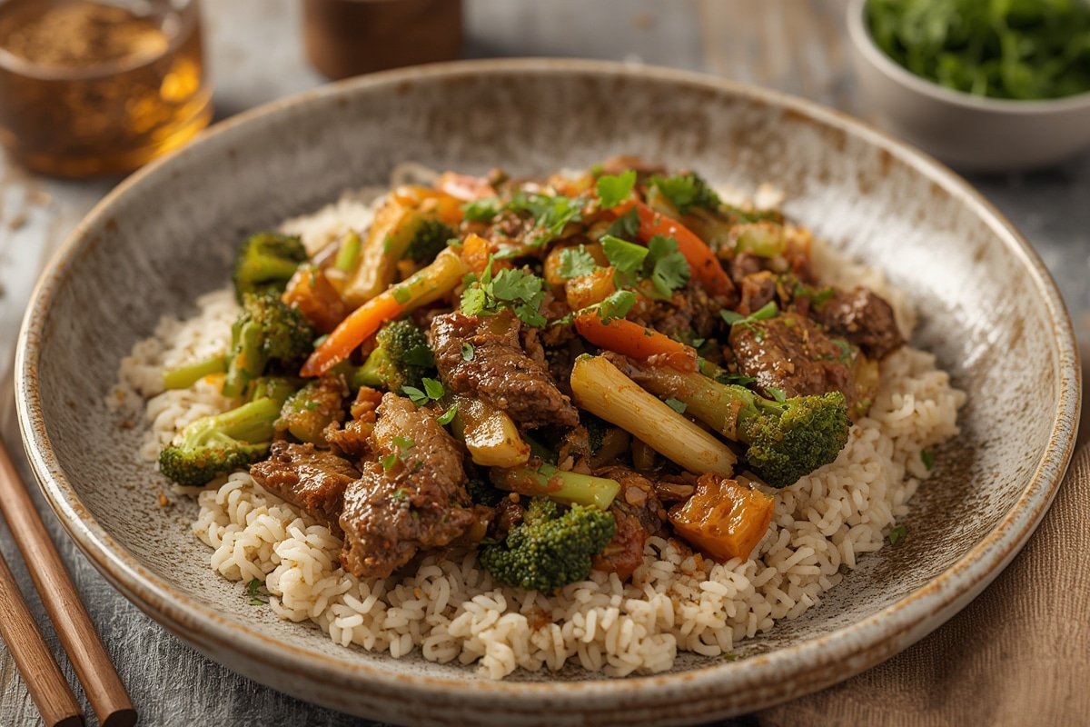 Sizzling broccoli beef stir fry in wok with steam rising