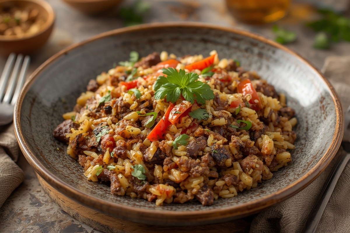 Fluffy Brown Rice Pilaf with herbs and vegetables