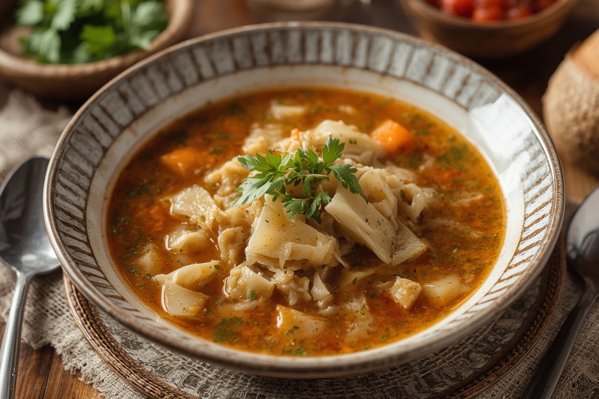 Hearty cabbage soup in a rustic pot