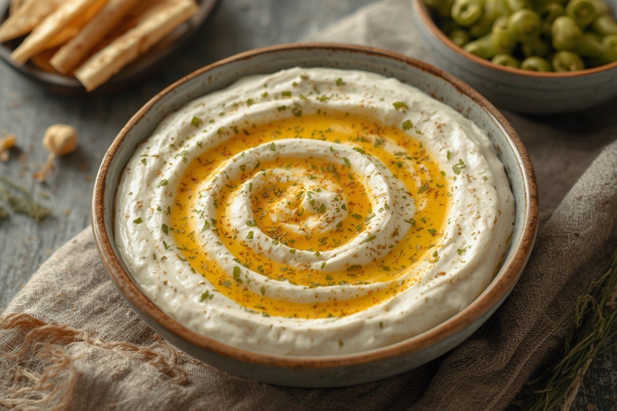 Creamy caramelized onion dip in a white bowl surrounded by fresh vegetables and chips
