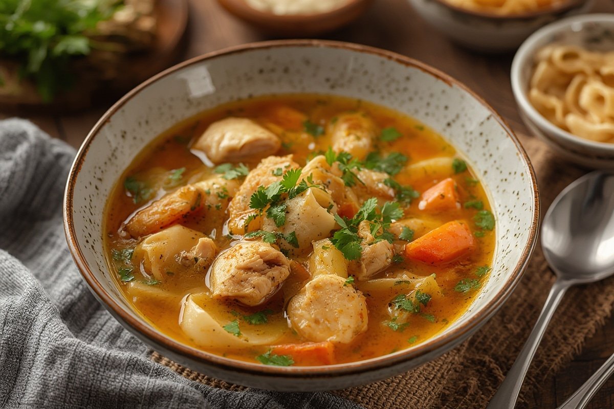 Steaming bowl of chicken noodle soup with herbs