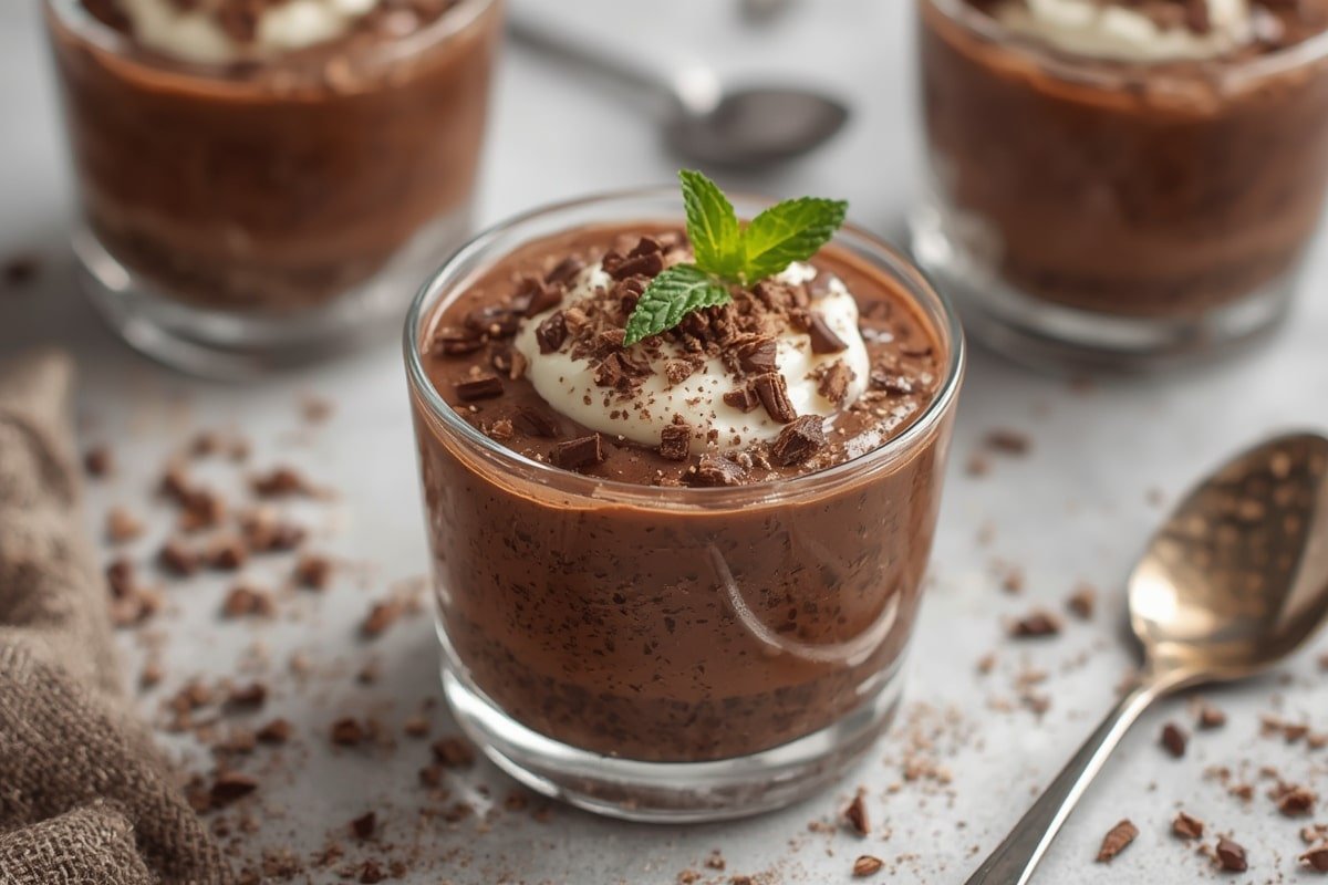 Creamy chocolate chia pudding in a glass jar topped with fresh berries