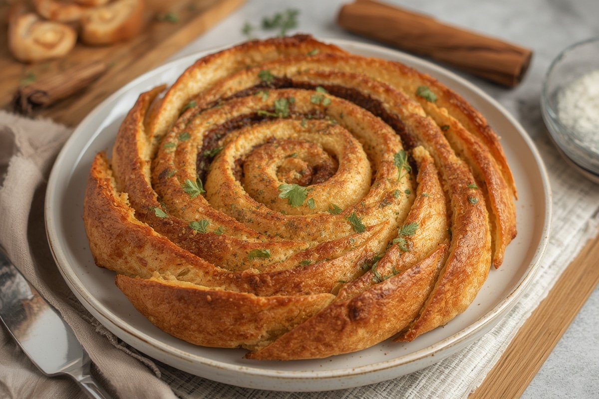 Freshly baked cinnamon swirl bread with visible swirls on a wooden cutting board