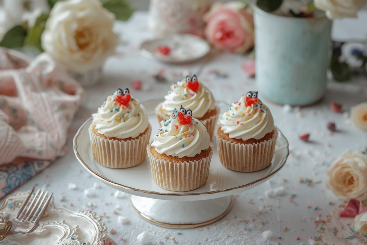 Colorful cupcakes with various decorations on wooden table