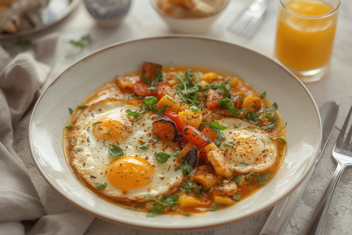 Colorful brunch spread with pancakes, eggs, and fresh fruit