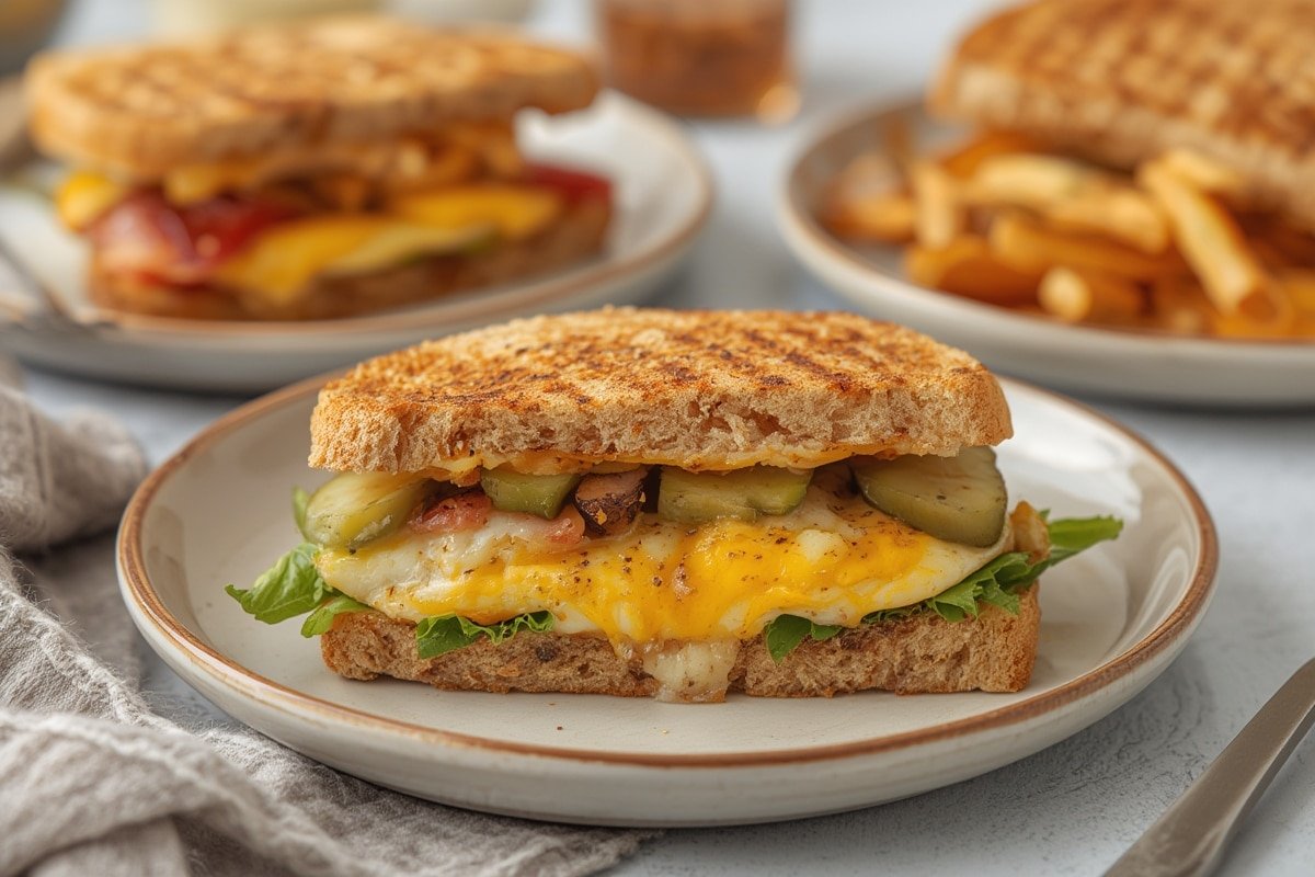 Stack of homemade freezer breakfast sandwiches wrapped in parchment paper