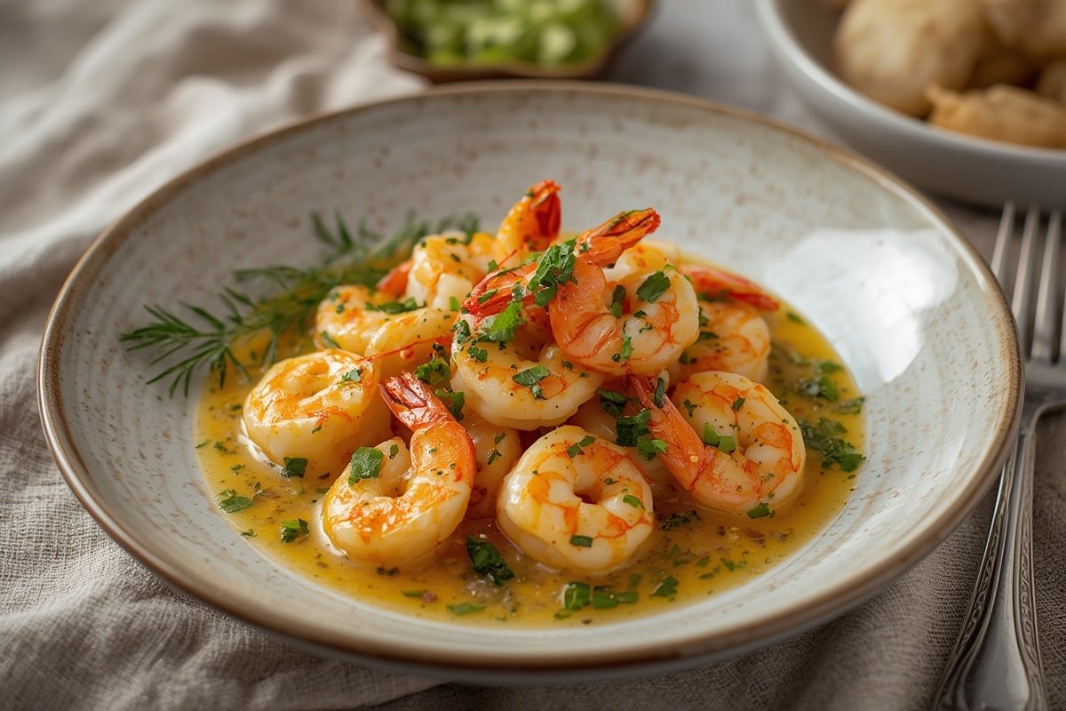 Garlic Butter Shrimp simmering in a skillet with fresh herbs and lemon