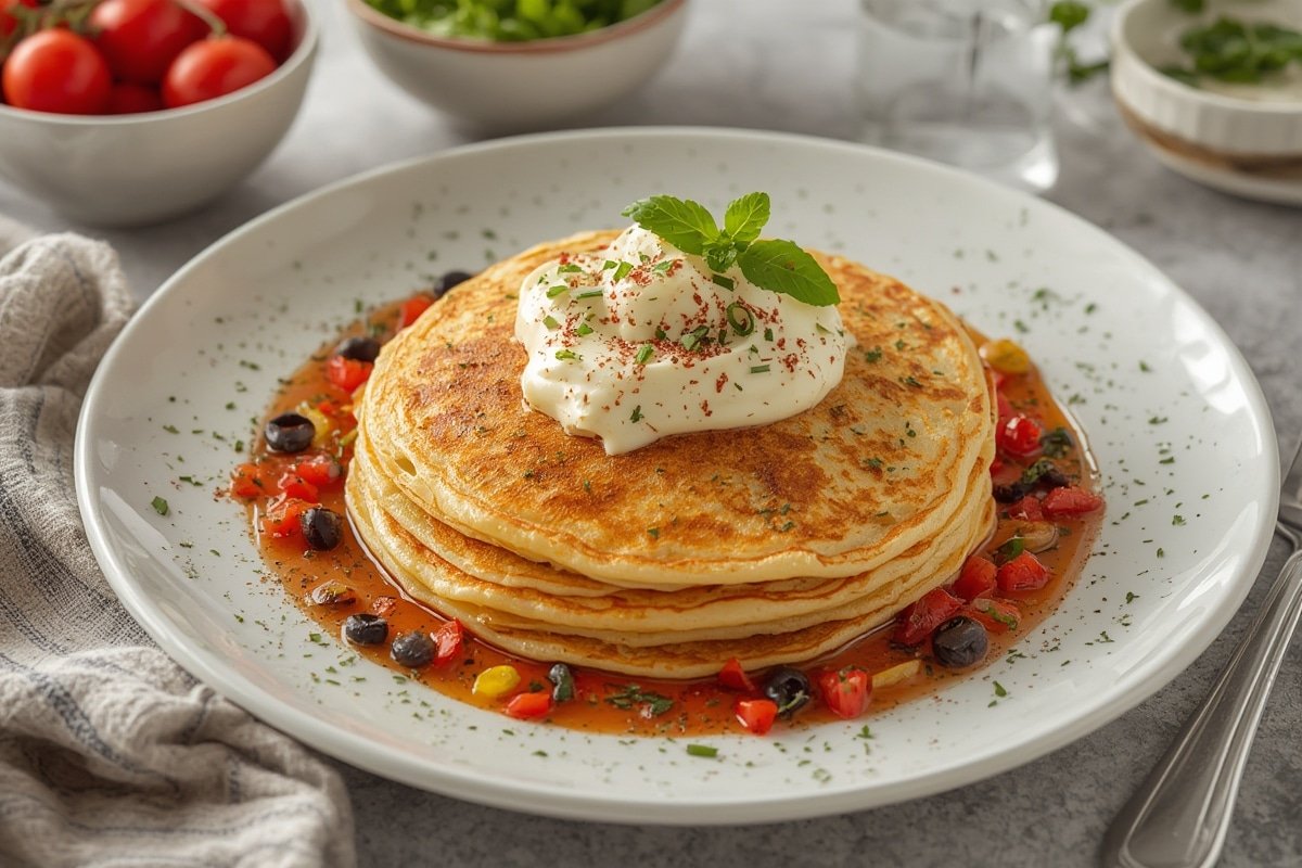 Stack of golden Greek yogurt pancakes with maple syrup drizzle