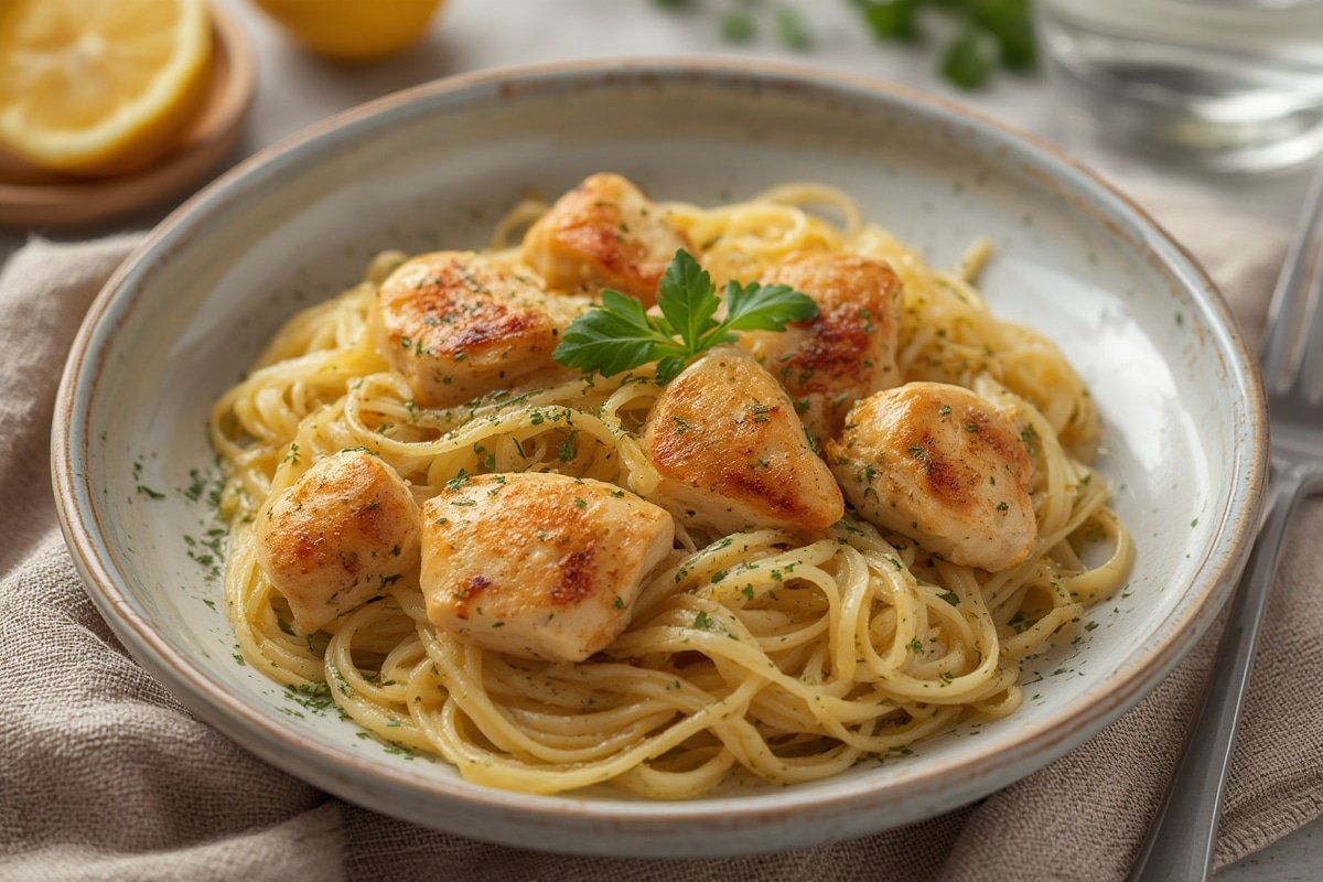 Bright lemon chicken orzo in a rustic bowl