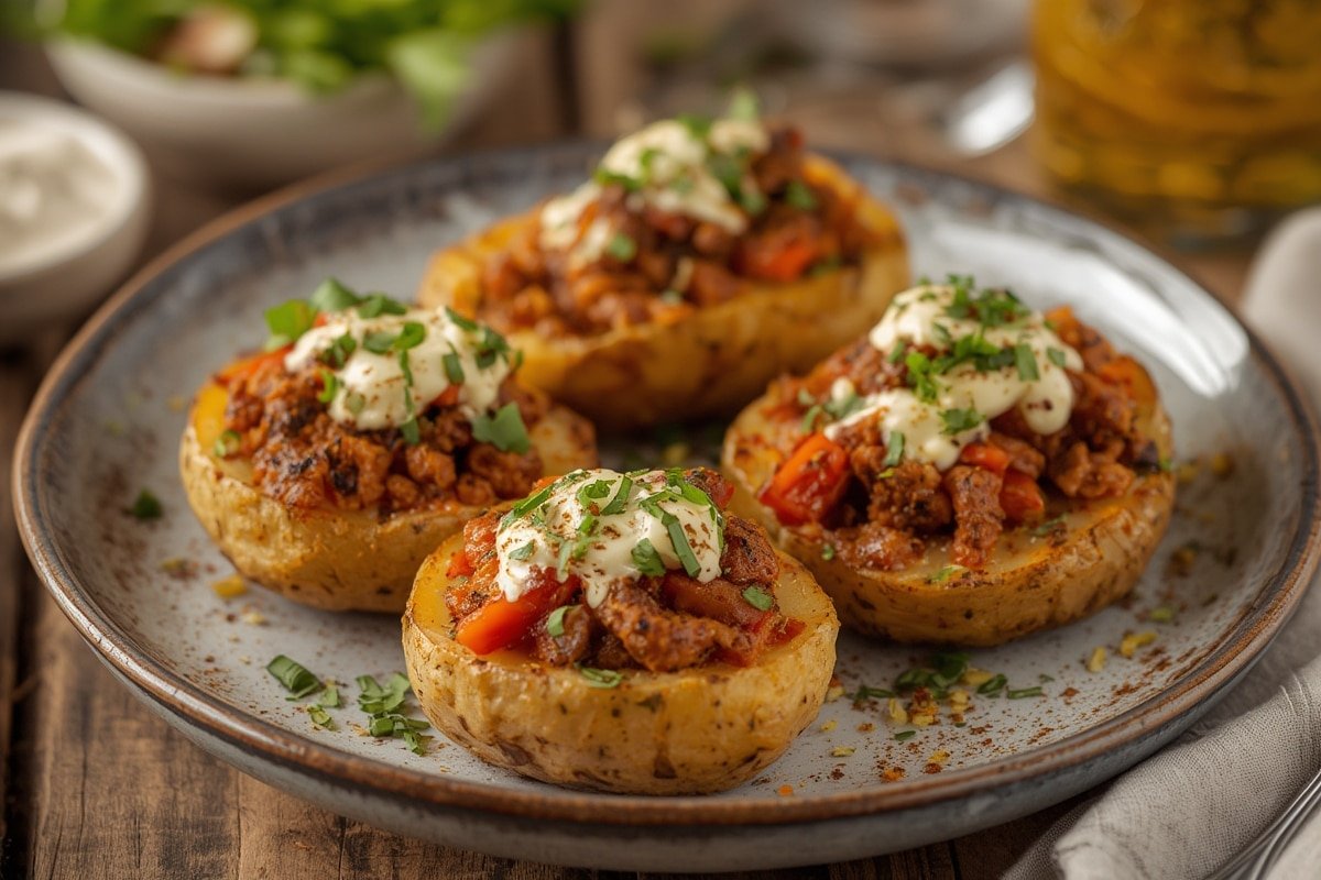 Crispy loaded potato skins with melted cheese and toppings