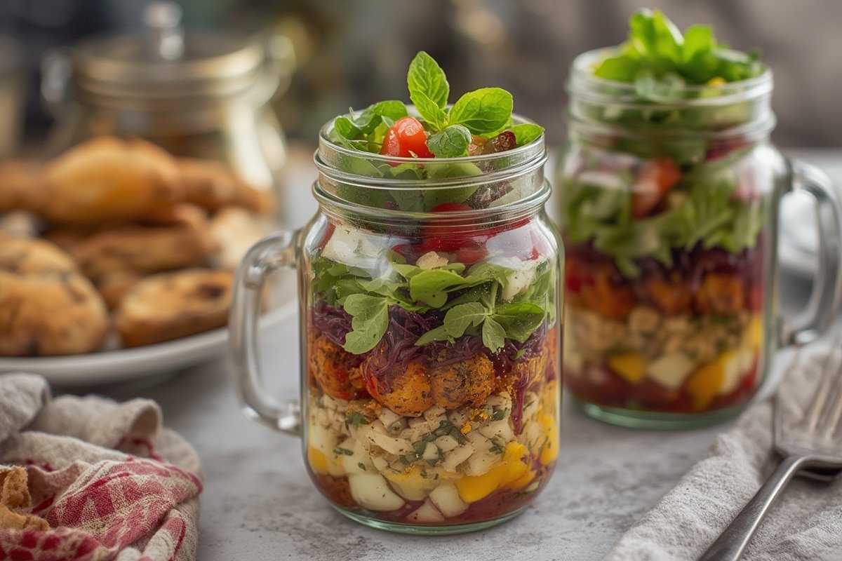 Colorful Mason Jar Salads lined on countertop