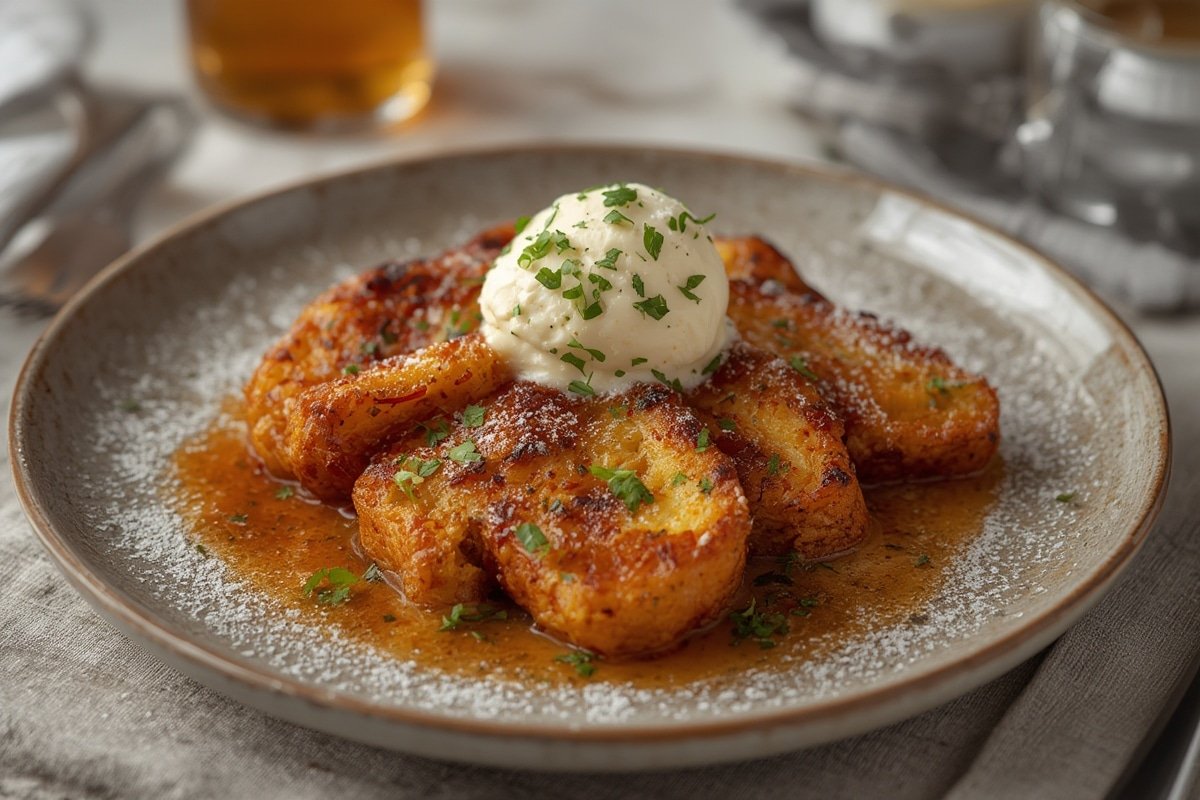 Golden, syrup-drizzled Overnight French Toast squares in a casserole dish, ready to bake