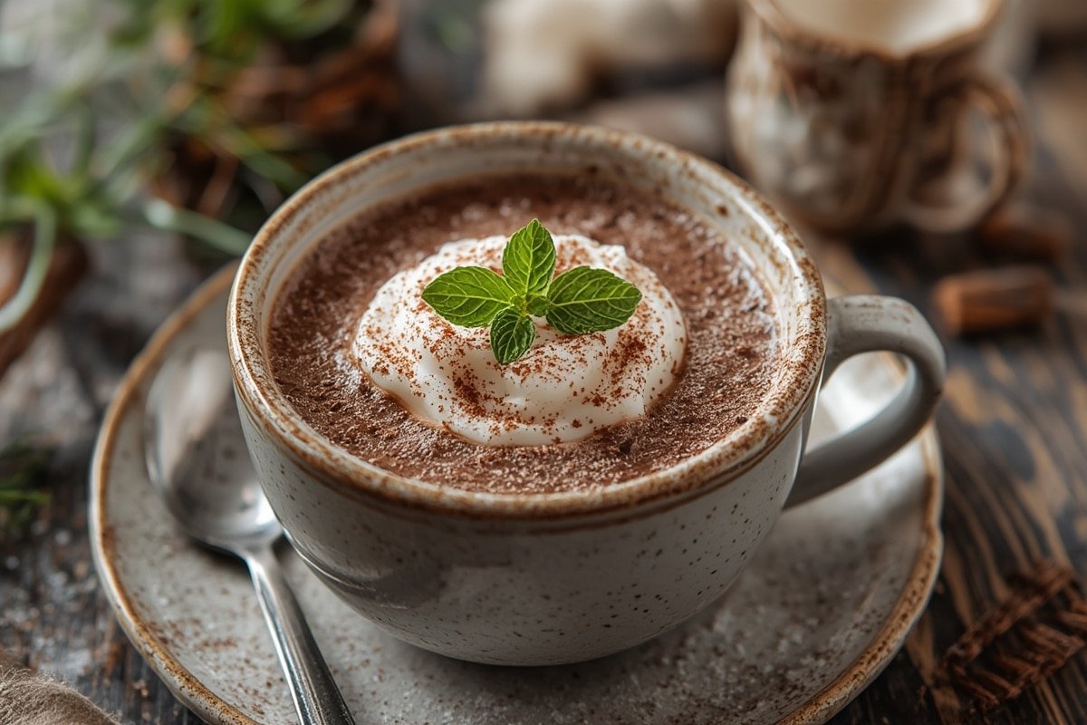 Steaming mug of homemade peppermint hot cocoa with candy cane garnish