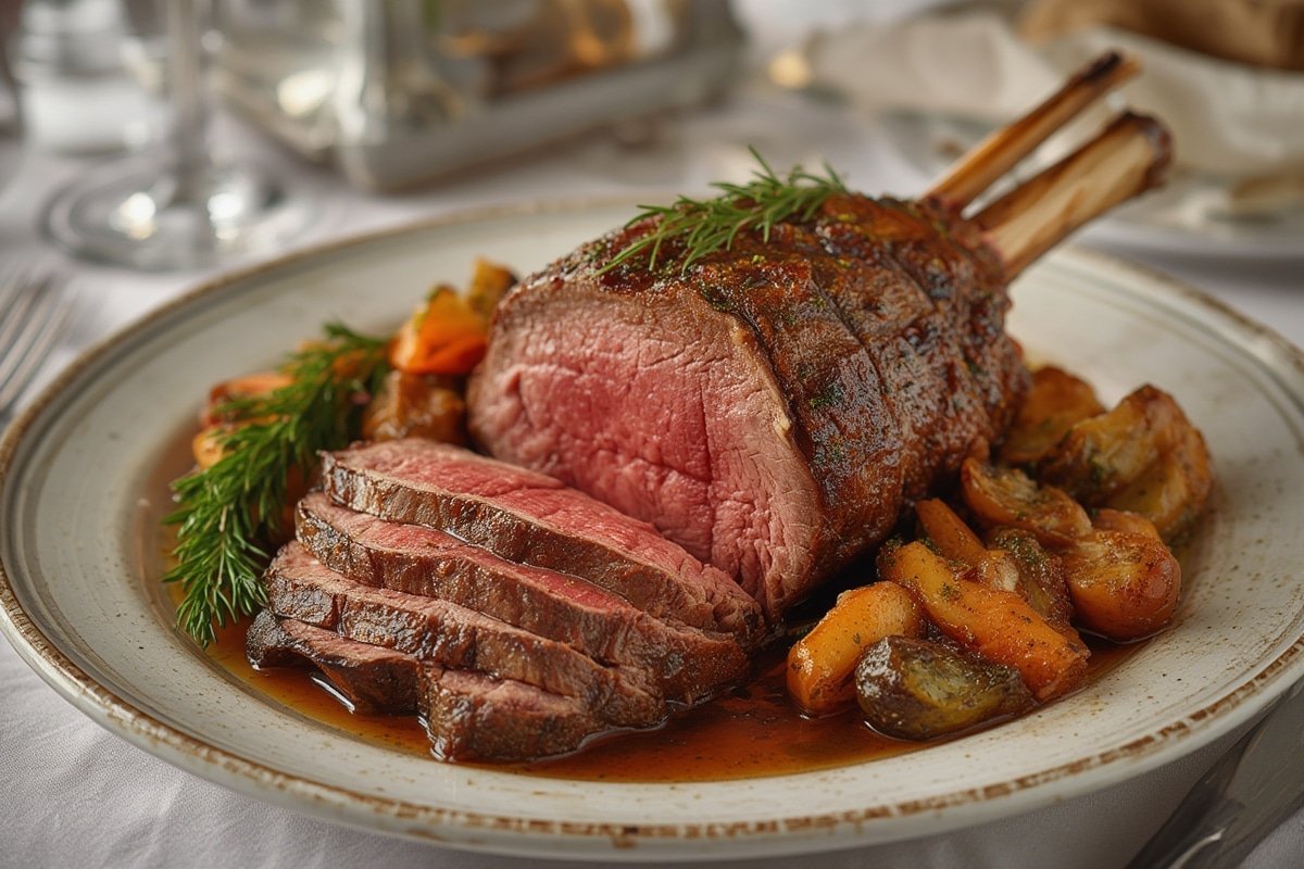 Juicy prime rib roast with rosemary garnish