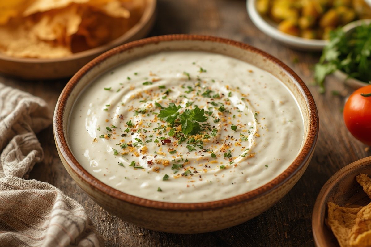 Bowl of warm queso blanco dip surrounded by tortilla chips