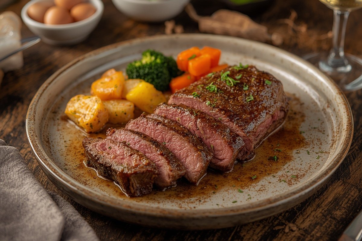 Juicy roast beef tenderloin resting on wooden cutting board