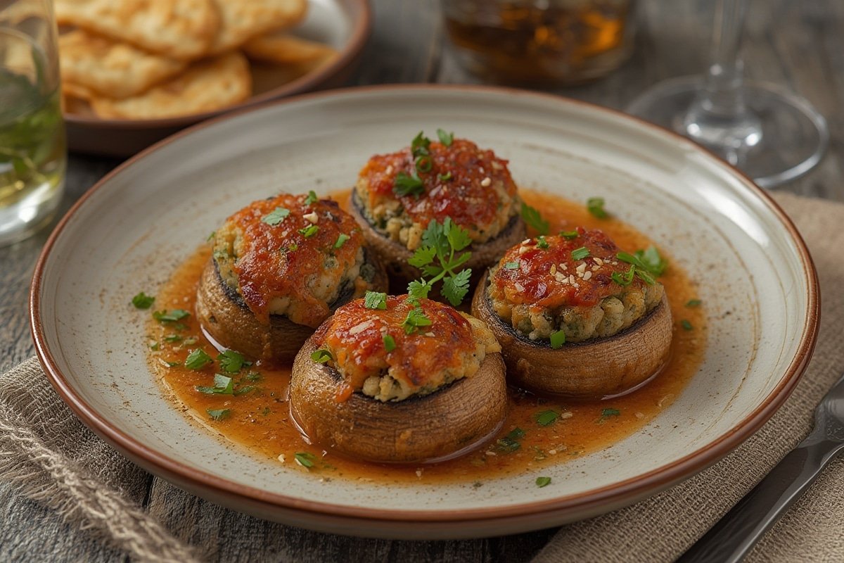 Savory sausage stuffed mushrooms resting on a rustic wooden board