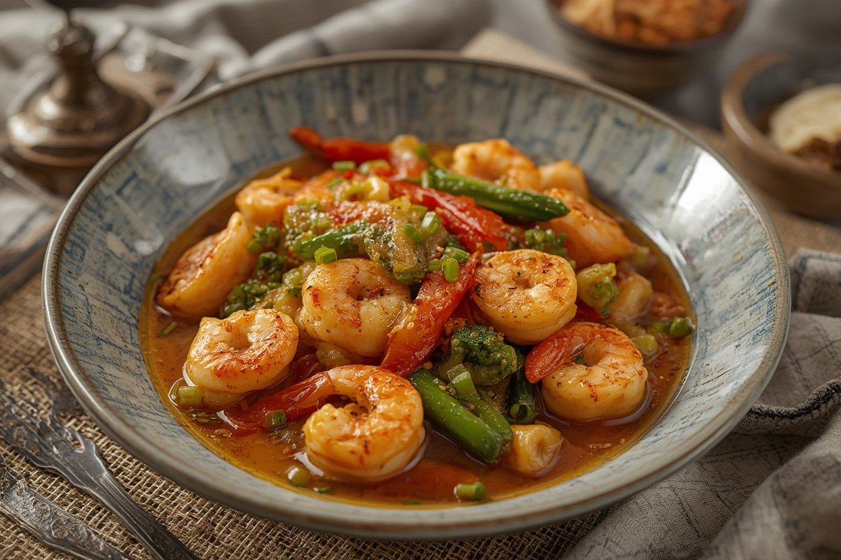 Vibrant shrimp stir fry with colorful vegetables in skillet