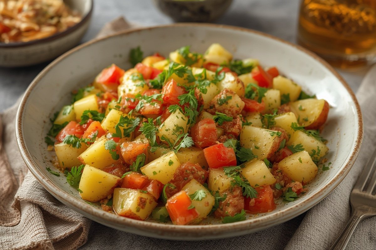 Creamy Southern potato salad in a vintage bowl with fresh herbs