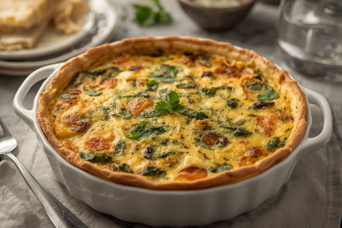 Golden spinach feta quiche with flaky crust on a rustic table