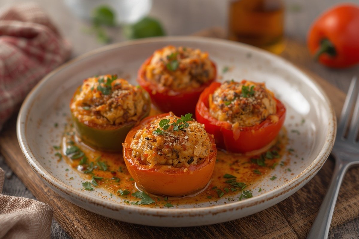 Colorful stuffed mini peppers arranged on a rustic platter