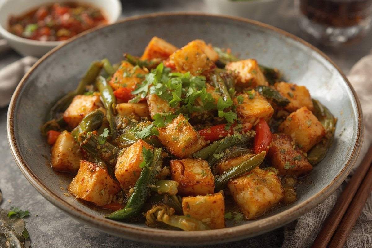 Colorful tofu vegetable stir fry in a wok
