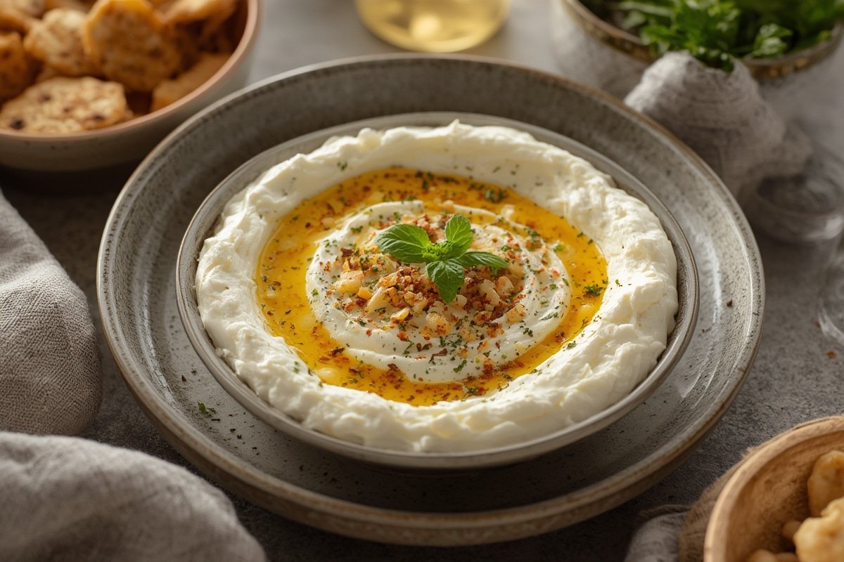 Creamy whipped feta dip surrounded by fresh vegetables and pita chips