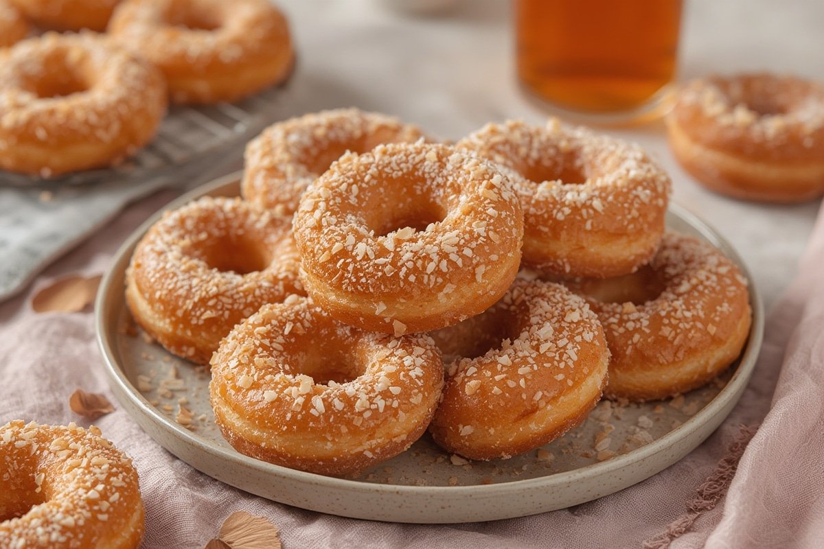 Freshly fried apple cider donuts with cinnamon sugar coating