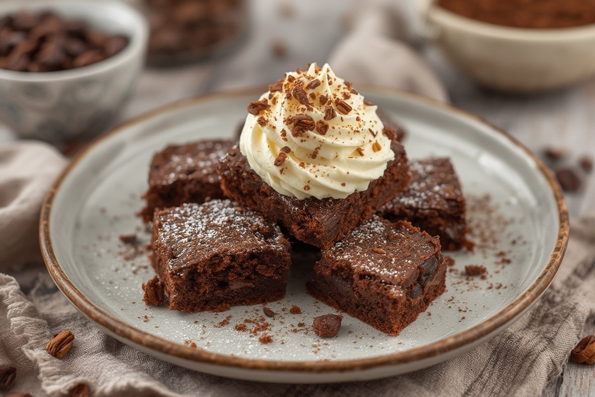 Gooey chocolate brownies on a rustic table